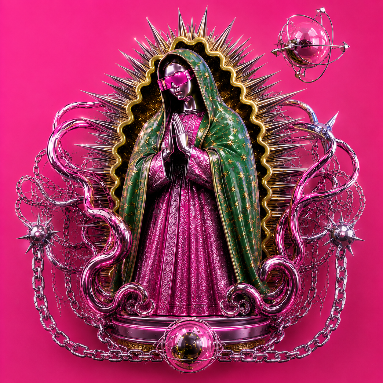 Virgen digital rosa con visor futurista