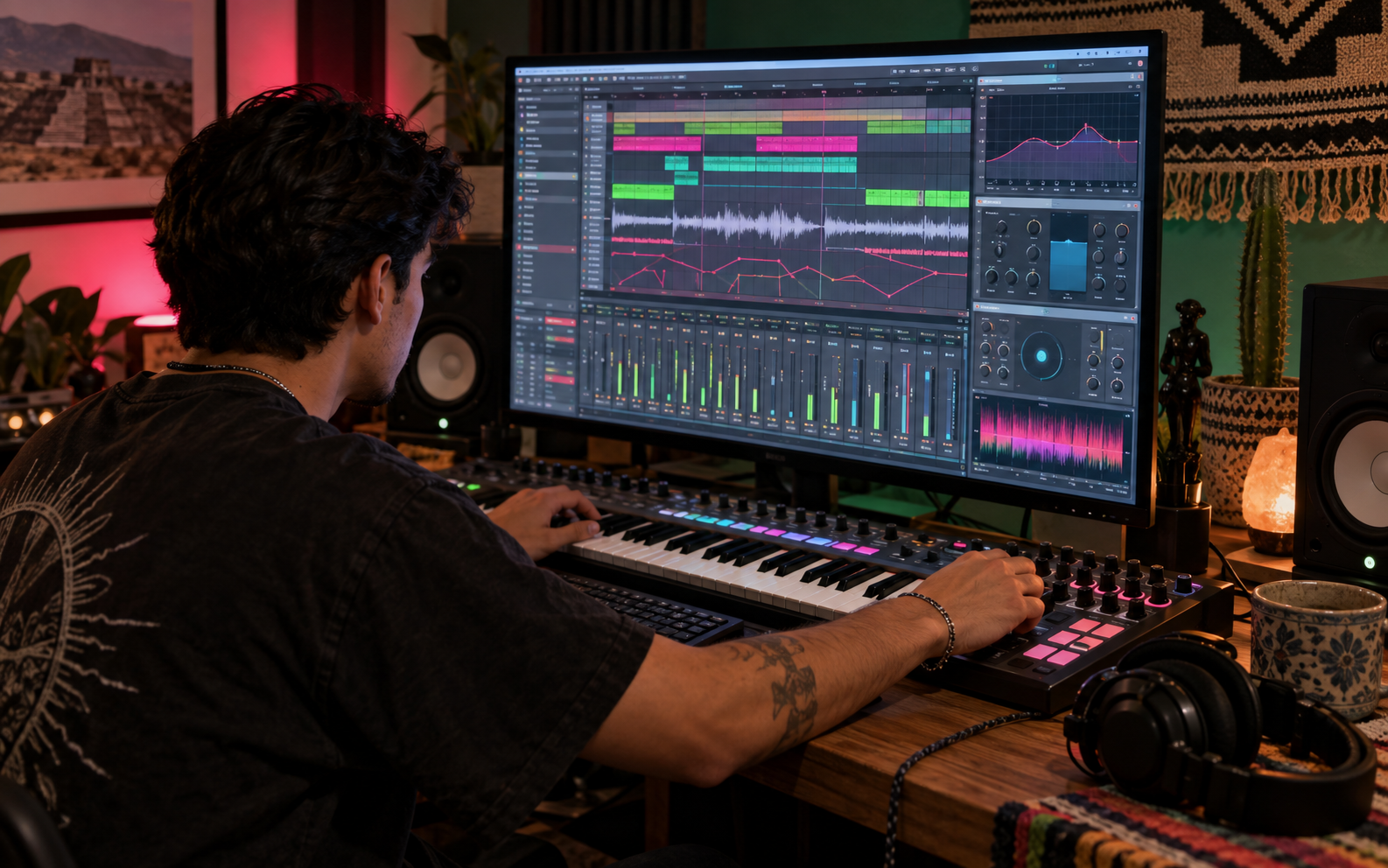 Productor trabajando música electrónica en un DAW