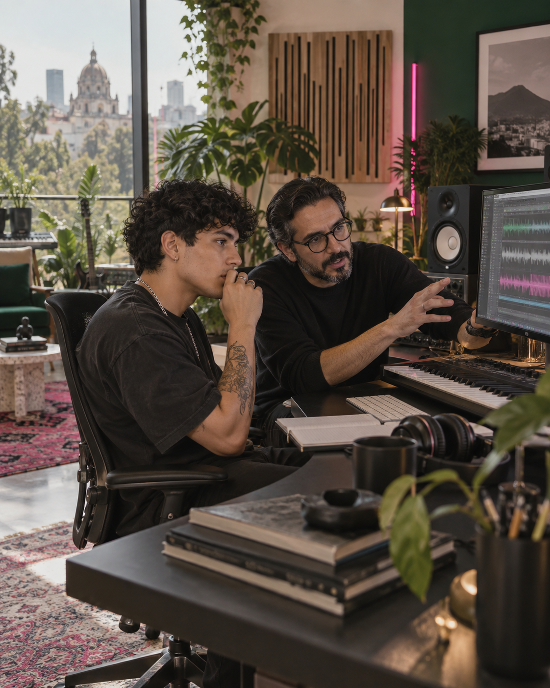 Productor y mentor analizando un proyecto musical en el estudio