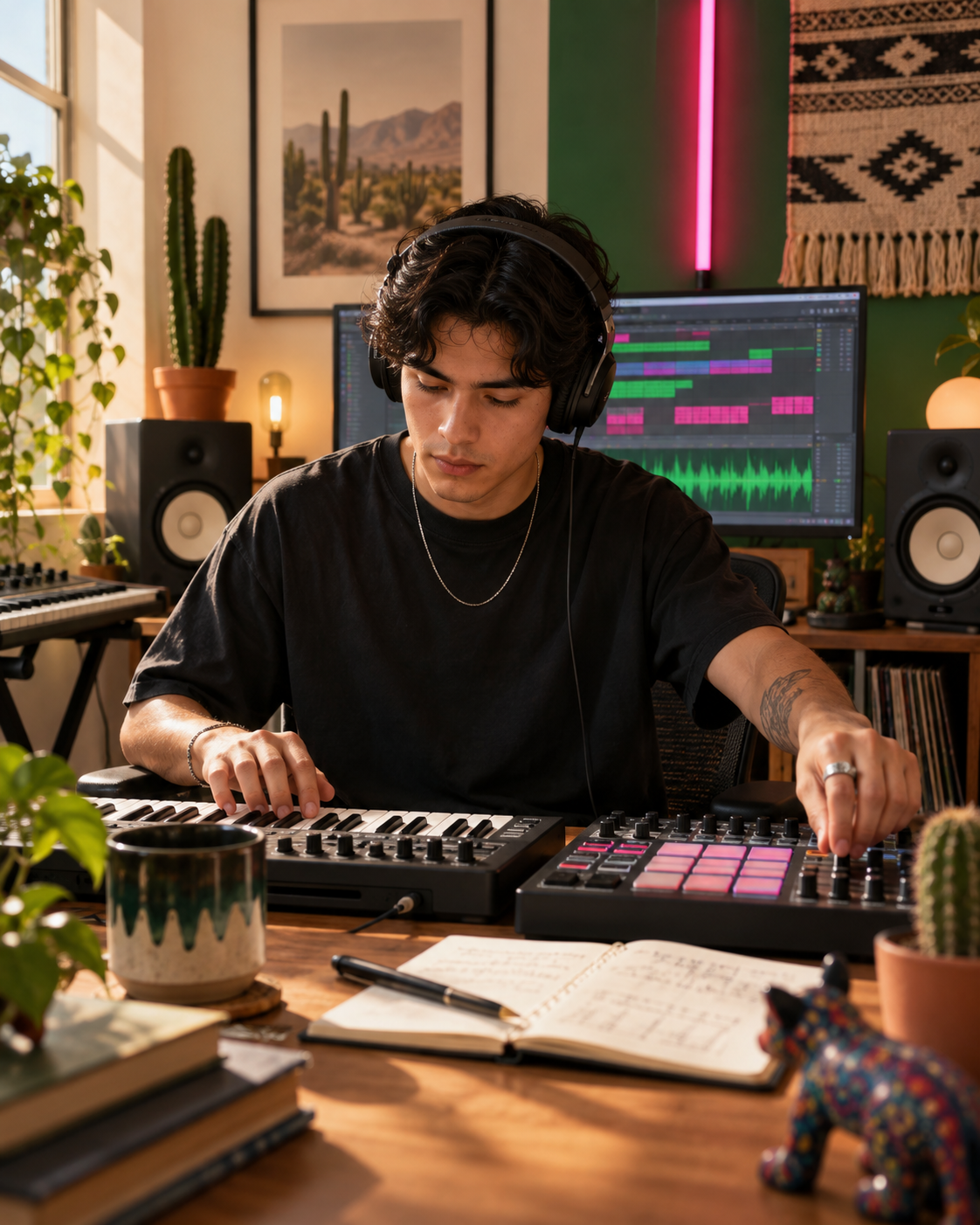 Productor desarrollando su proyecto semanal con instrumentos electrónicos