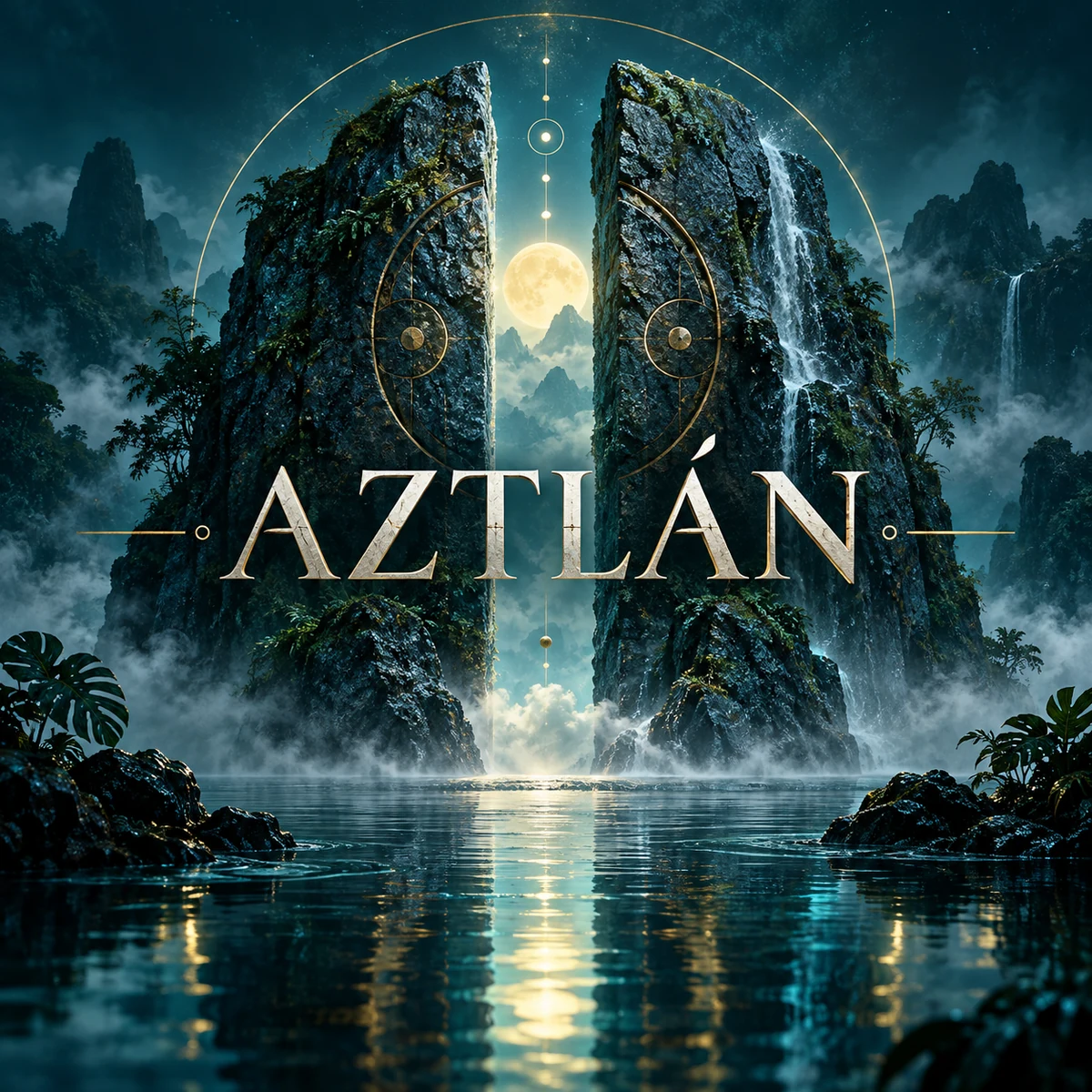 Nueva identidad visual de AZTLÁN con un portal monumental de piedra, agua, niebla y luz lunar