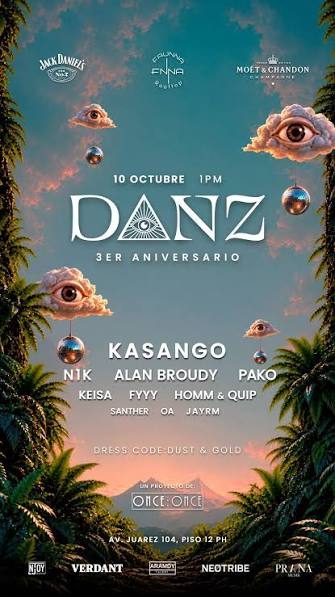 Flyer oficial de DANZ tercer aniversario con Kasango
